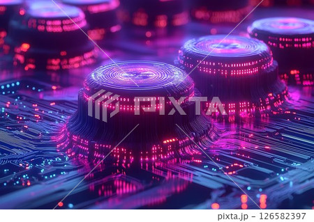 Futuristic Circuit Board with Glowing Pink and Blue Lights, Abst 126582397