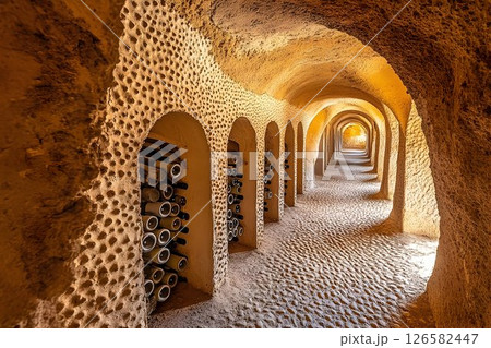 Wine Cellar Tunnel with Arched Alcoves and Cobblestone Floor in Wine Cellar Tunnel with Arched Alcoves and Cobblestone Floor in 126582447
