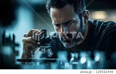 Focused Scientist Examining a Microscope in a Laboratory Setting Focused Scientist Examining a Microscope in a Laboratory Setting 126582449
