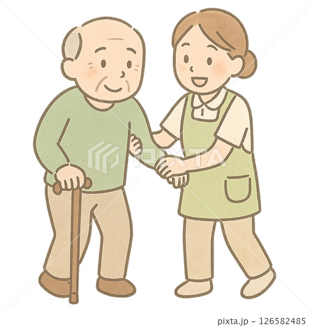 杖を付いている男性の歩行介助を行う介護士 126582485