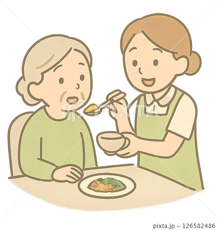 老人の食事介助をしている女性介護士のイラスト 126582486
