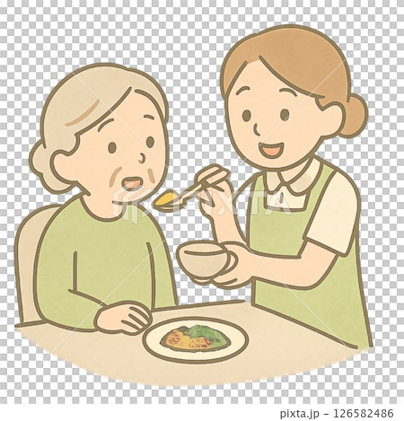 老人の食事介助をしている女性介護士のイラスト 126582486