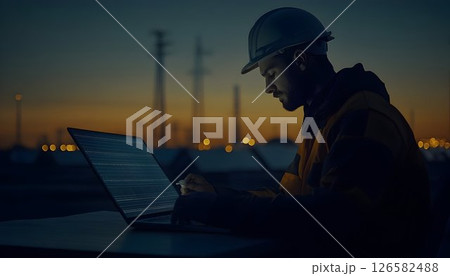 Engineer working on laptop at dusk, wearing hardhat and safety v 126582488