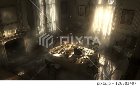 Sunlit Victorian Dining Room with Laptop and Papers Sunlit Victorian Dining Room with Laptop and Papers 126582497
