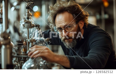 Focused Scientist Adjusting Glassware in Laboratory 126582512