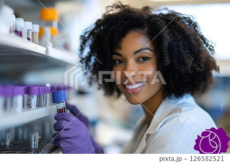 Smiling Scientist Holds Blood Sample in Lab with Purple Gloves a 126582521