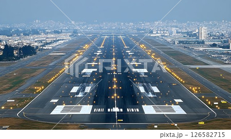 Illuminated Runway at Dusk, Cityscape Background 126582715
