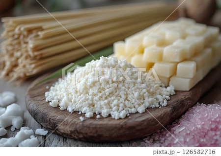 Rustic Still Life: Fresh Pasta, Cubed Cheese, Crumbled Cheese, a 126582716