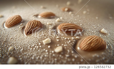 Close-up of Almonds on a Light Brown Surface with White Sprinkle Close-up of Almonds on a Light Brown Surface with White Sprinkle 126582732