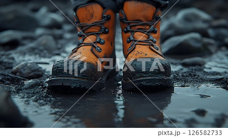 Mud-Covered Hiking Boots in a Puddles on a Rocky Shore Mud-Covered Hiking Boots in a Puddles on a Rocky Shore 126582733