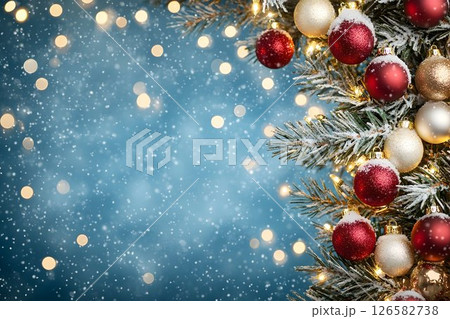 Festive Snowy Christmas Tree Branches with Ornaments 126582738