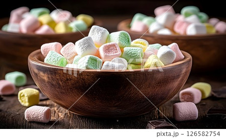 Pastel Marshmallows in Rustic Wooden Bowls on Dark Wood Surface Pastel Marshmallows in Rustic Wooden Bowls on Dark Wood Surface 126582754