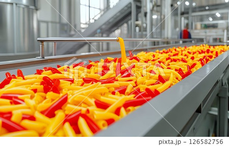 Vibrant Penne Pasta Production Line: Yellow and Red Noodles on C 126582756