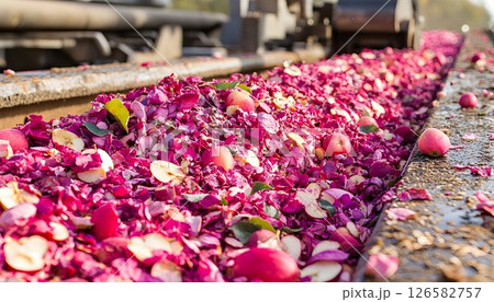 Crushed apples and peels create a vibrant pink carpet in an indu 126582757