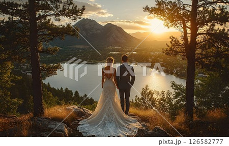 Newlyweds embrace the sunset over a serene lake, framed by trees Newlyweds embrace the sunset over a serene lake, framed by trees 126582777