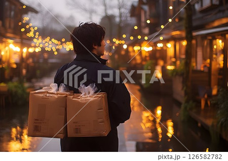 Man carrying boxes walks along a canal illuminated by warm, blur 126582782