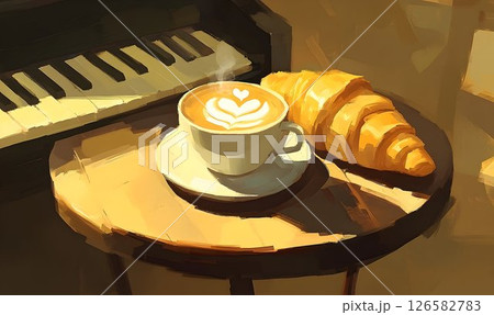 Warm Coffee and Croissant Still Life with Piano Keys in the Back 126582783