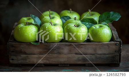 Freshly Picked Granny Smith Apples in Rustic Wooden Crate with D 126582793