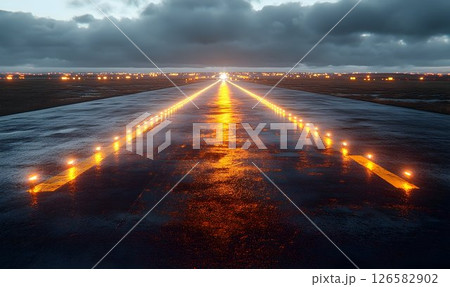 Runway Lights Reflecting on Wet Asphalt Under a Cloudy Sky at Du 126582902