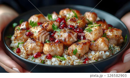 Glazed Chicken Bites with Pomegranate Seeds and Parsley Garnish 126582903