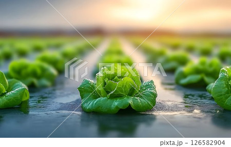 Dew-Kissed Lettuce Heads in Rows at Sunrise, Cultivated Field 126582904