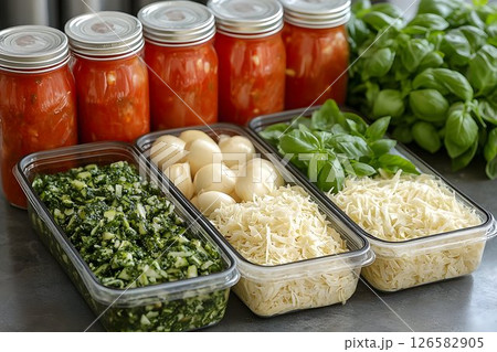 Pizza Prep: Jars of Sauce, Pesto, Garlic, Basil, and Shredded Ch 126582905