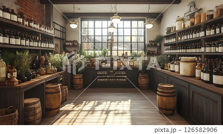 Apothecary Interior with Sunlight Streaming Through Window and D 126582906