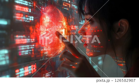 Woman interacts with a futuristic holographic interface, red dat 126582907