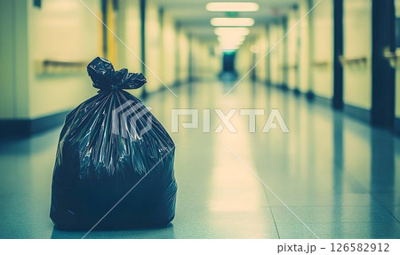 Abandoned black trash bag sits in a sterile, brightly lit hospit 126582912