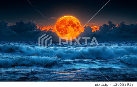 Fiery Moonrise Over the Ocean Waves, Dramatic Clouds and Deep Bl Fiery Moonrise Over the Ocean Waves, Dramatic Clouds and Deep Bl 126582918