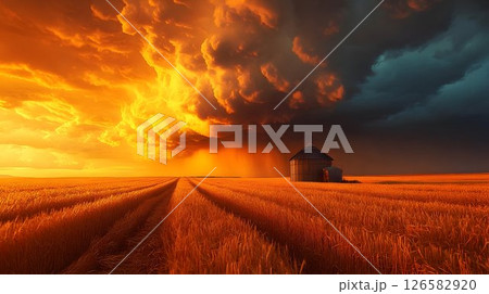 Golden Wheat Field Under a Dramatic Sky with Approaching Storm a 126582920
