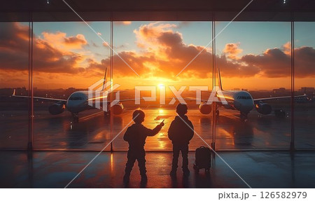 Sunset Silhouette: Two Children Await Departure at Airport 126582979