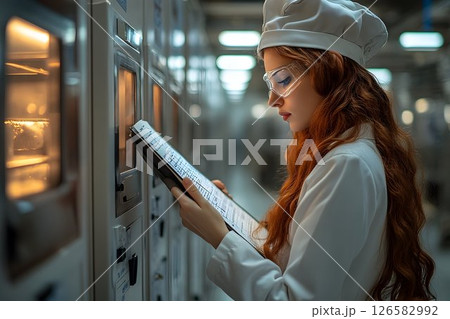 Redhead Technician Reviews Data Near Illuminated Industrial Oven 126582992