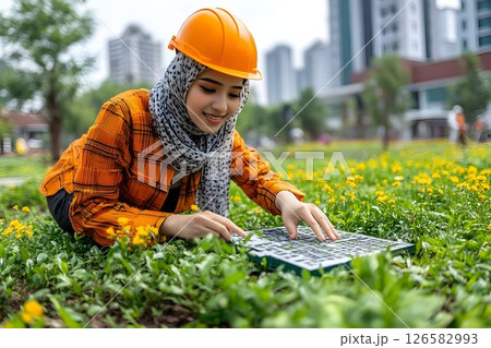 Young Female Engineer in Hijab Examining Site Plan Amidst Blosso Young Female Engineer in Hijab Examining Site Plan Amidst Blosso 126582993