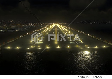 Illuminated Runway at Night Over Water, City Skyline in Distance Illuminated Runway at Night Over Water, City Skyline in Distance 126583098