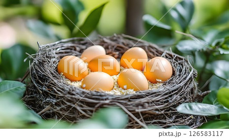 Seven Bird Eggs Nestled in Rustic Nest Amidst Lush Green Foliage 126583117