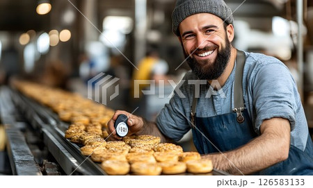 Happy Baker Inspecting Sesame Seed Donuts on Conveyor Belt 126583133