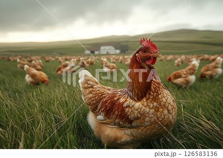 Golden Hen Amidst Flock in Pastoral Landscape 126583136
