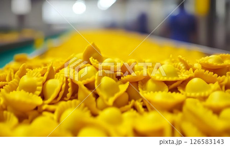 Golden Ravioli on Conveyor Belt in Factory 126583143