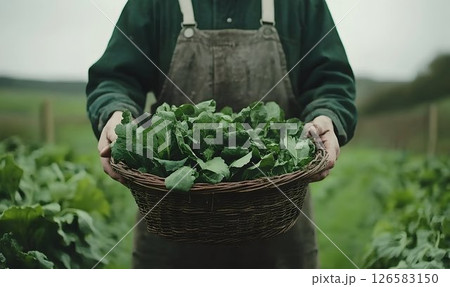 Farmer Holding Basket of Freshly Harvested Greens Farmer Holding Basket of Freshly Harvested Greens 126583150