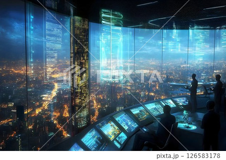 Futuristic City Control Center Night View Futuristic City Control Center Night View 126583178