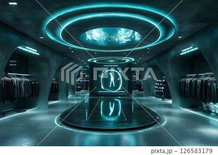 Futuristic Apparel Store Interior with Teal Lighting and Circula Futuristic Apparel Store Interior with Teal Lighting and Circula 126583179
