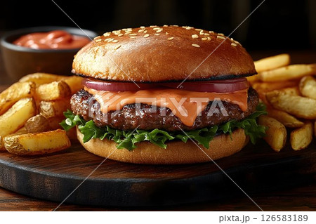 Juicy Sesame Burger with Melted Cheese and Crispy Fries 126583189