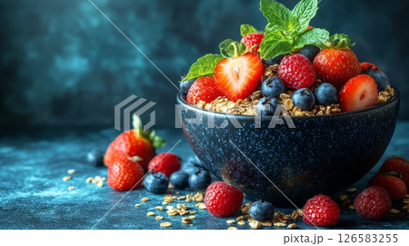 Fresh berries and granola in a bowl, garnished with mint leaves, on a vibrant surface. 126583255
