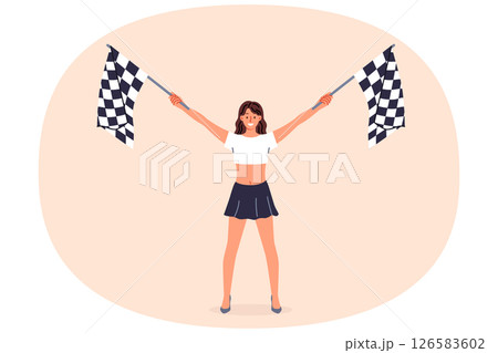 Woman holding racing flags in hands announces start extreme competition for drivers of sports cars Woman holding racing flags in hands announces start extreme competition for drivers of sports cars 126583602