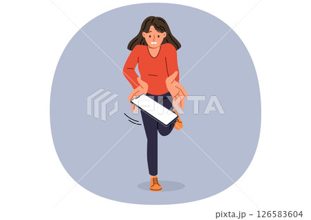 Woman drops phone due to carelessness and absent-mindedness, risking damage to gadget 126583604