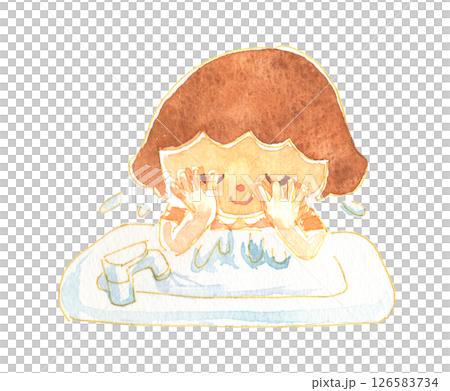 Watercolor style: Girl washing her face. Childcare, education and educational materials. Watercolor style: Girl washing her face. Childcare, education and educational materials. 126583734
