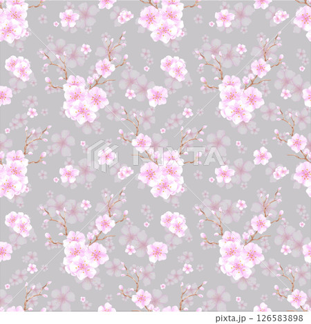 Hand drawn watercolor cherry blossom bouquet seamless pattern isolated on dark grey background. Can be used for textile, fabric, scrapbook and other printed products. 126583898