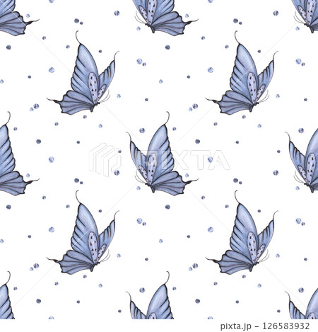 Hand drawn watercolor blue butterfly with polka-dots seamless pattern isolated on white background. Can be used for textile, fabric, scrapbook and other printed products. 126583932