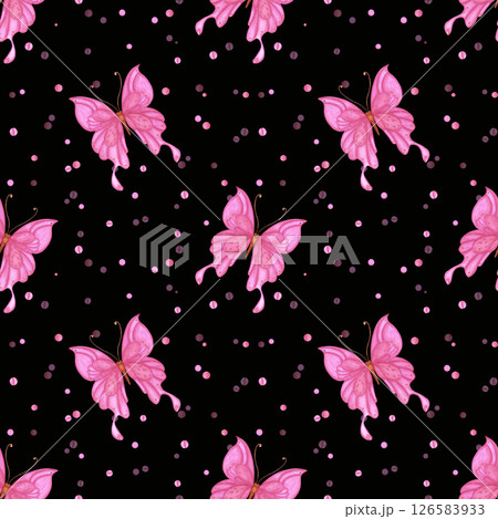 Hand drawn watercolor pink butterfly with polka-dots seamless pattern isolated on dark background. Can be used for textile, fabric, scrapbook and other printed products. Hand drawn watercolor pink butterfly with polka-dots seamless pattern isolated on dark background. Can be used for textile, fabric, scrapbook and other printed products. 126583933
